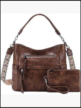 Medium Hobo Vegan Leather Crossbody Bag Shoulder Purse Tote with Wallet Set